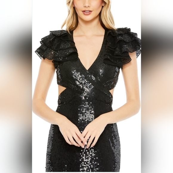 Mac Duggal, Sequined Ruffled Cut-out Lace-up Gown, Black, Size 8‎ - NWOT. - Picture 4 of 13